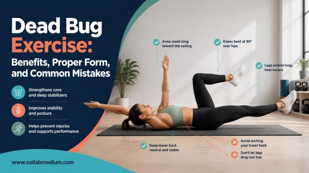 A girl performing the dead bug exercise with proper form on a yoga mat