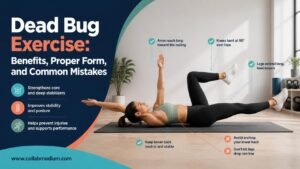 A girl performing the dead bug exercise with proper form on a yoga mat