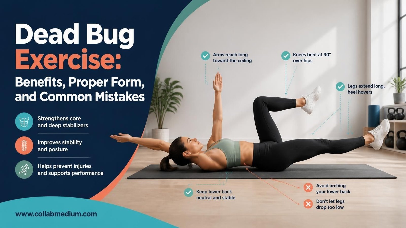 A girl performing the dead bug exercise with proper form on a yoga mat