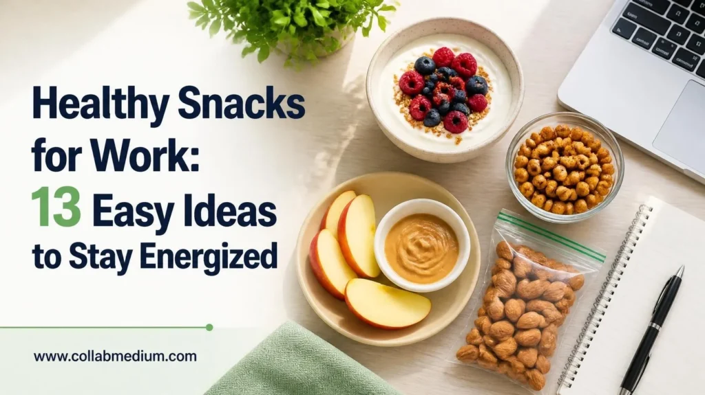 Healthy snacks for work arranged on an office desk, including yogurt, apples, and roasted chickpeas