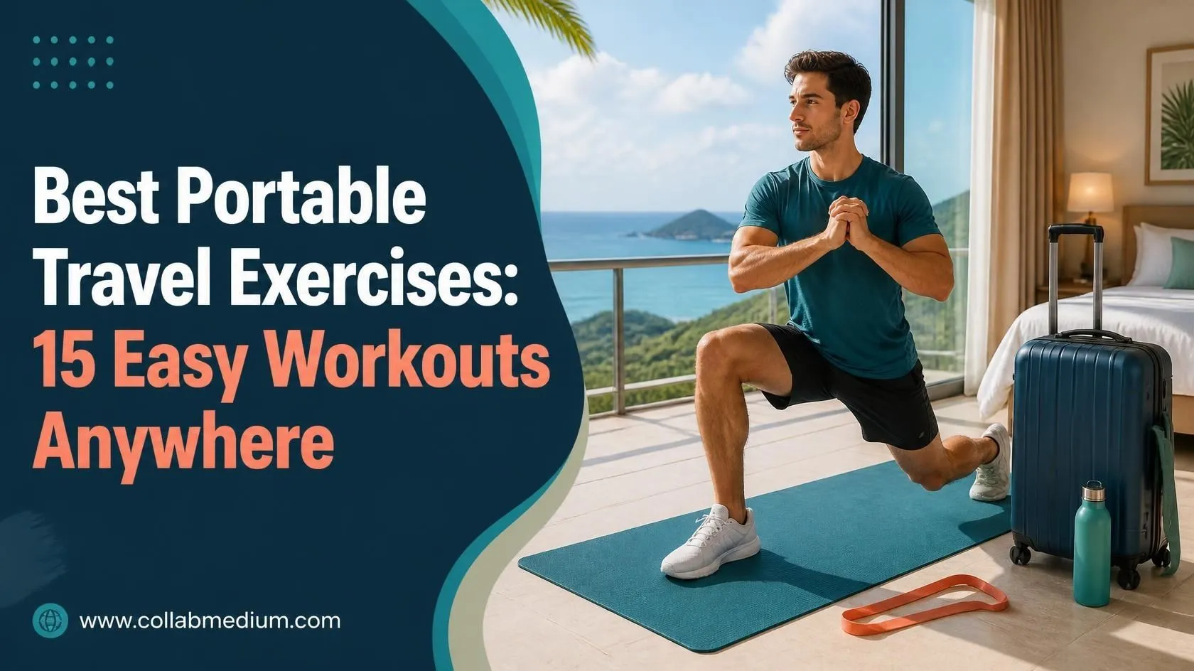 Traveler doing push-ups beside a resistance band and jump rope, showing best travel exercises portable enough for a hotel room