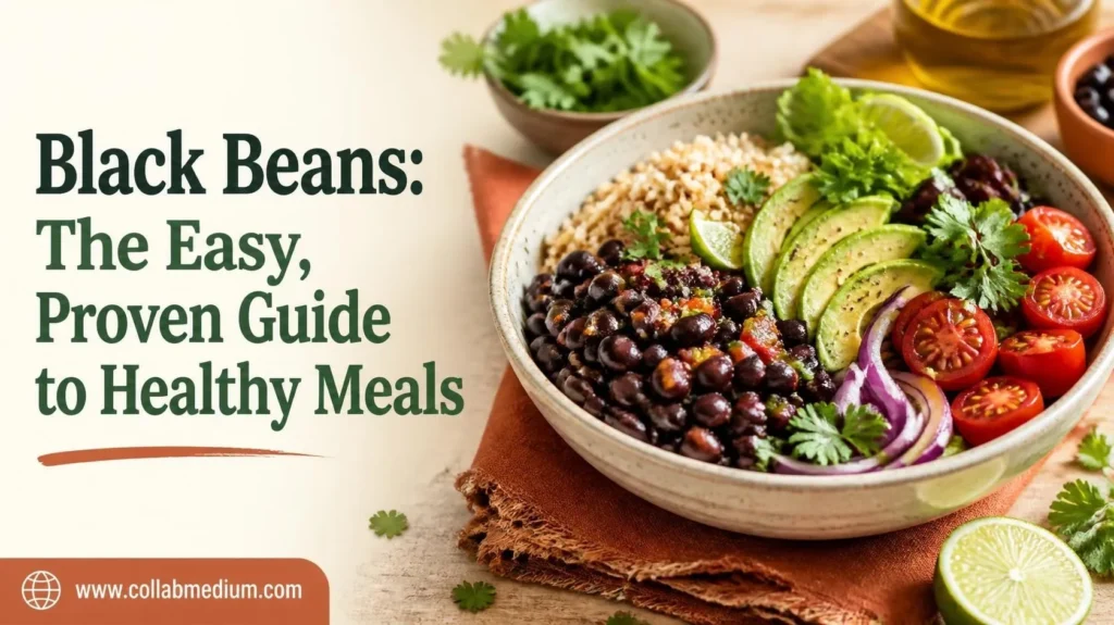Bowl of cooked black beans topped with cilantro and lime on a rustic wooden table