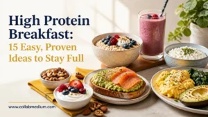 High protein breakfast plate with scrambled eggs, Greek yogurt, berries, and whole grain toast