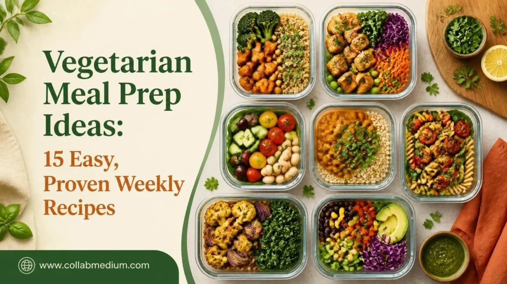 Glass containers filled with vegetarian meal prep ideas including grain bowls, roasted vegetables, and chickpeas