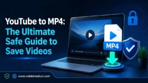 YouTube to MP4 guide showing a laptop with a video saved as an MP4 file