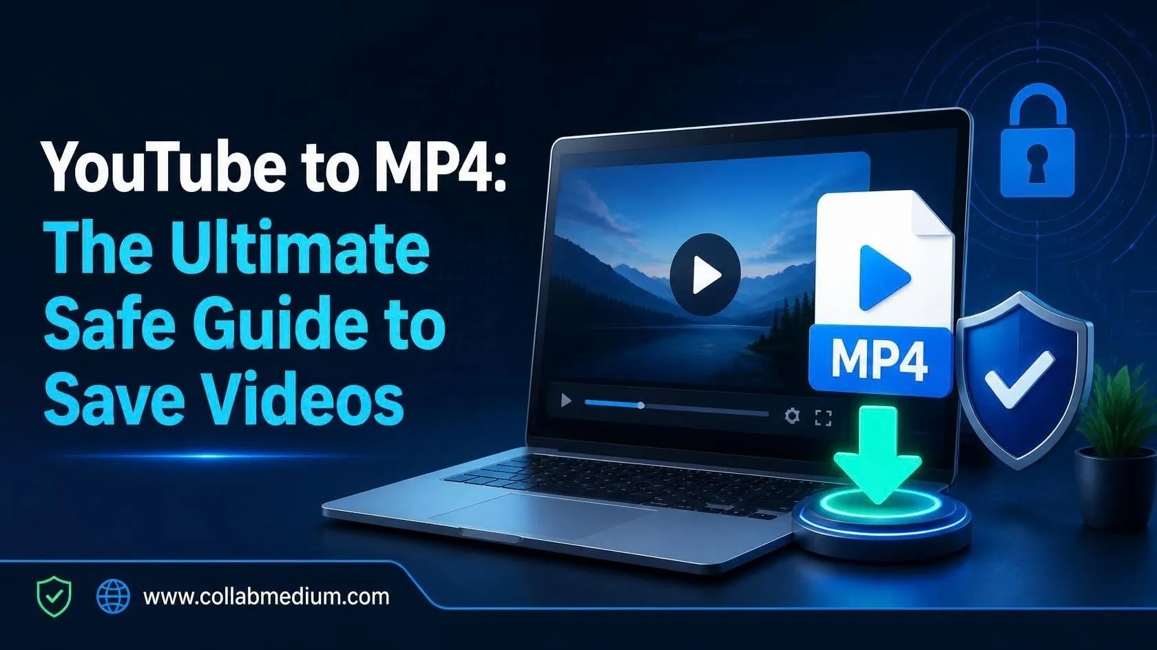 YouTube to MP4 guide showing a laptop with a video saved as an MP4 file